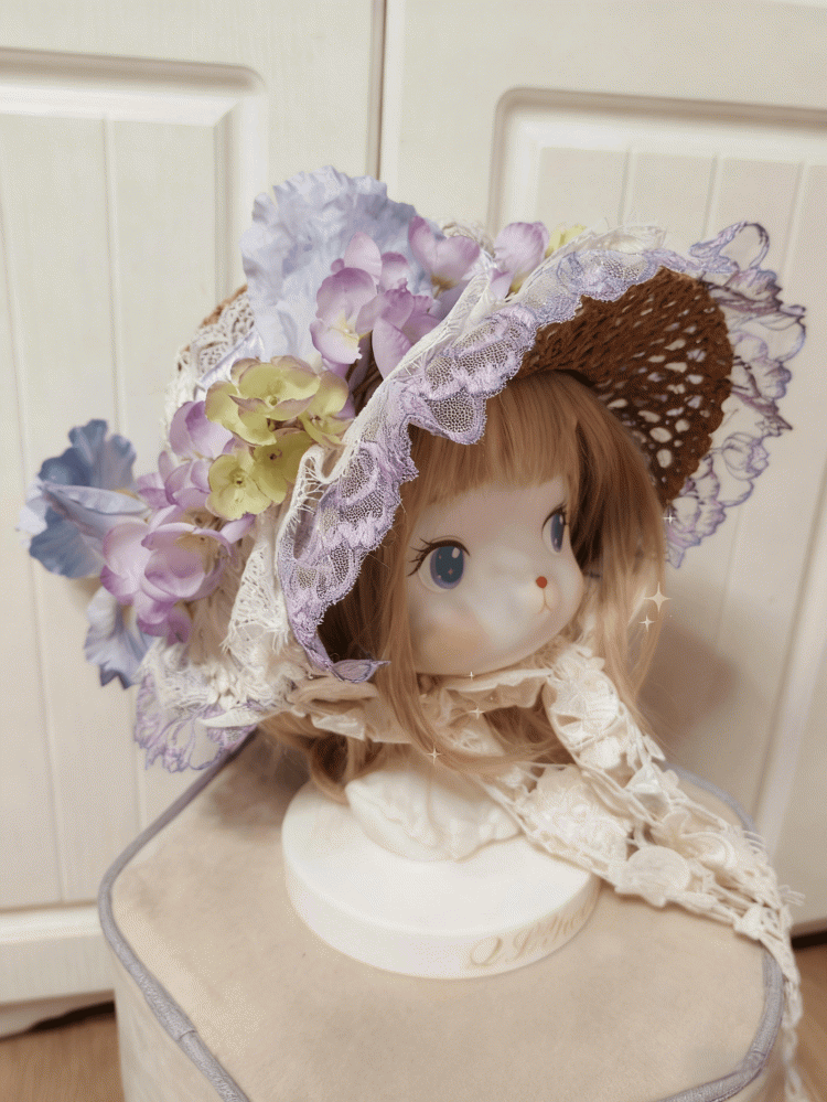 2 Lace Cluster Options Detail White-Purple Hat Straw Lolita Floral