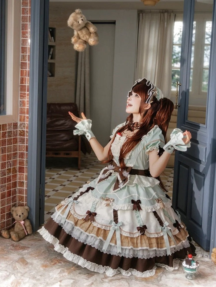 Neckline Bowknot Puff Dress Chocolate Sleeves Details Green Lolita Mint and Square Sweet