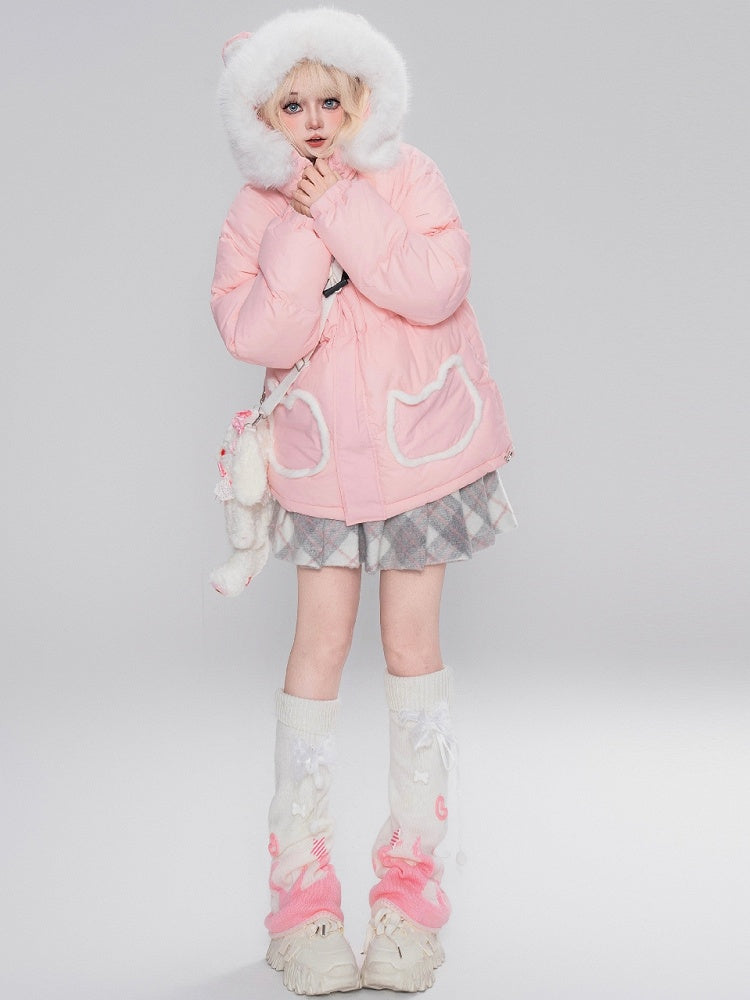 Black/Pink Letters Cat Ears Design Hooded Puffer Jacket