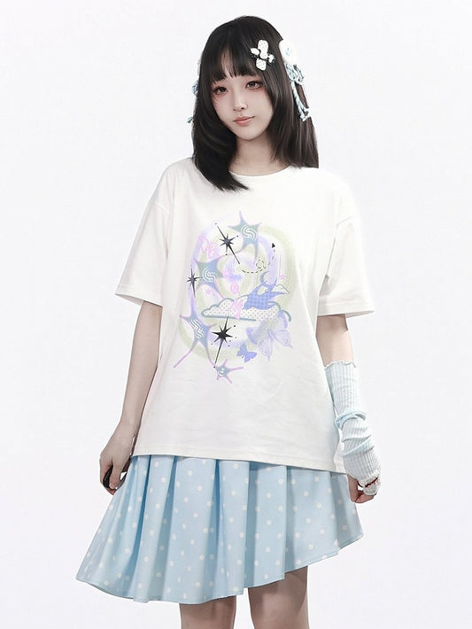 White Round Neck Short Sleeve T-Shirt with Nebula Print - PINK SAVIOR