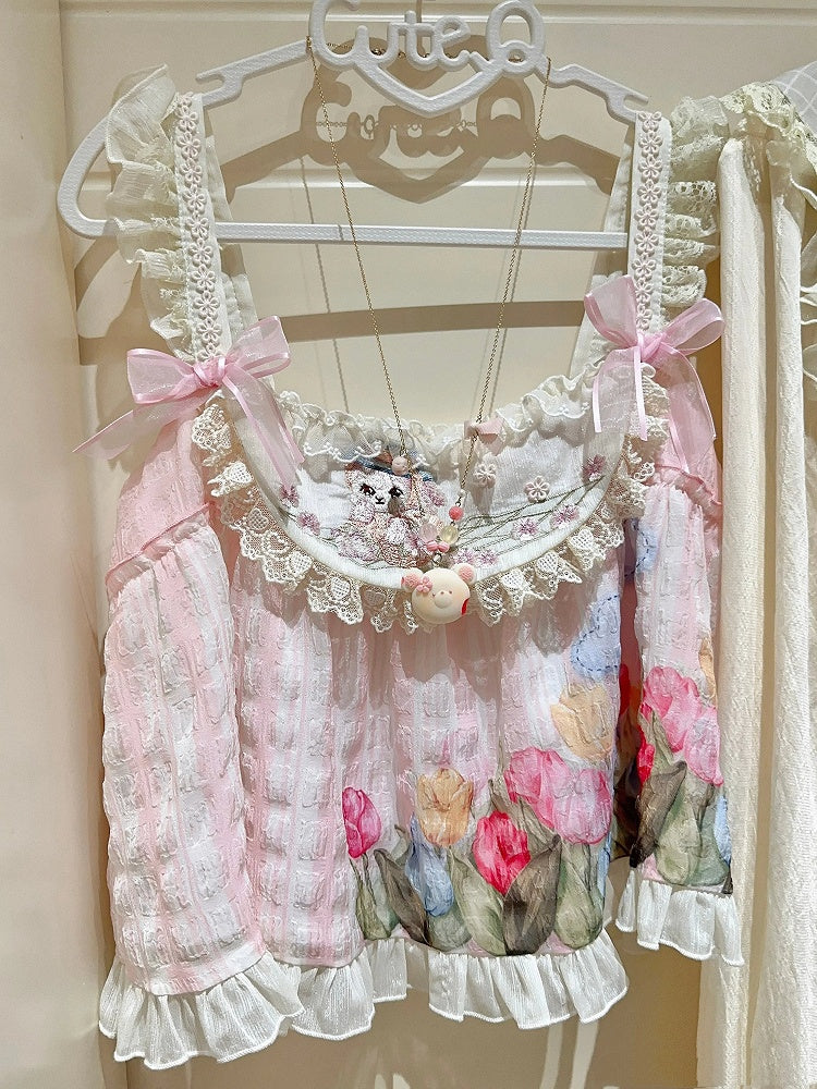 Bunny Embroidery Light Pink Sweet Tulip Top