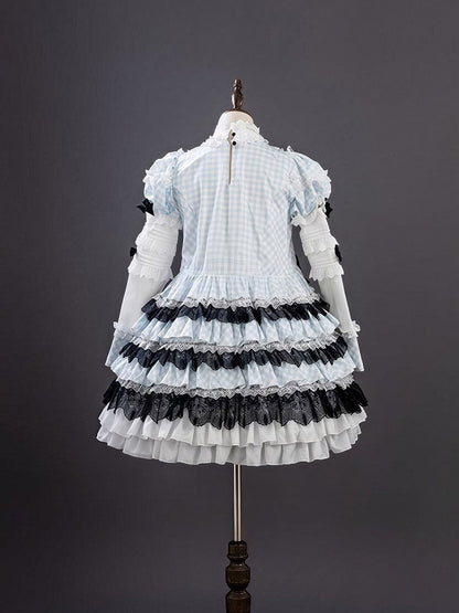 Alice in Wonderland Blue & White Gingham Sweet Lolita Dress with Tiered Ruffles - Hinana Queena