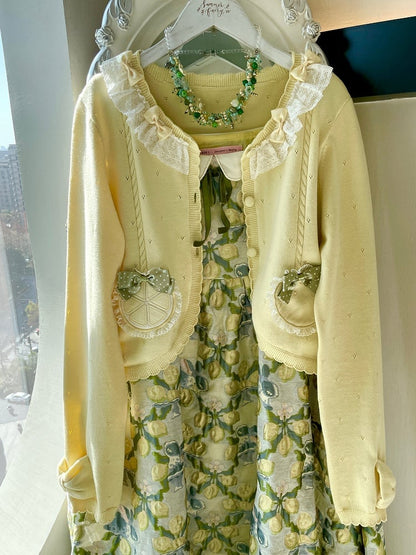 イエローの長袖レモンアップリケカーディガン