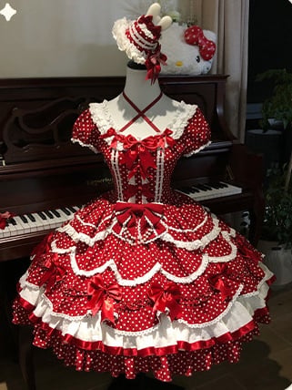 Ruffled Polka Dot Decorations Bow Dress OP Red Lolita Cute with