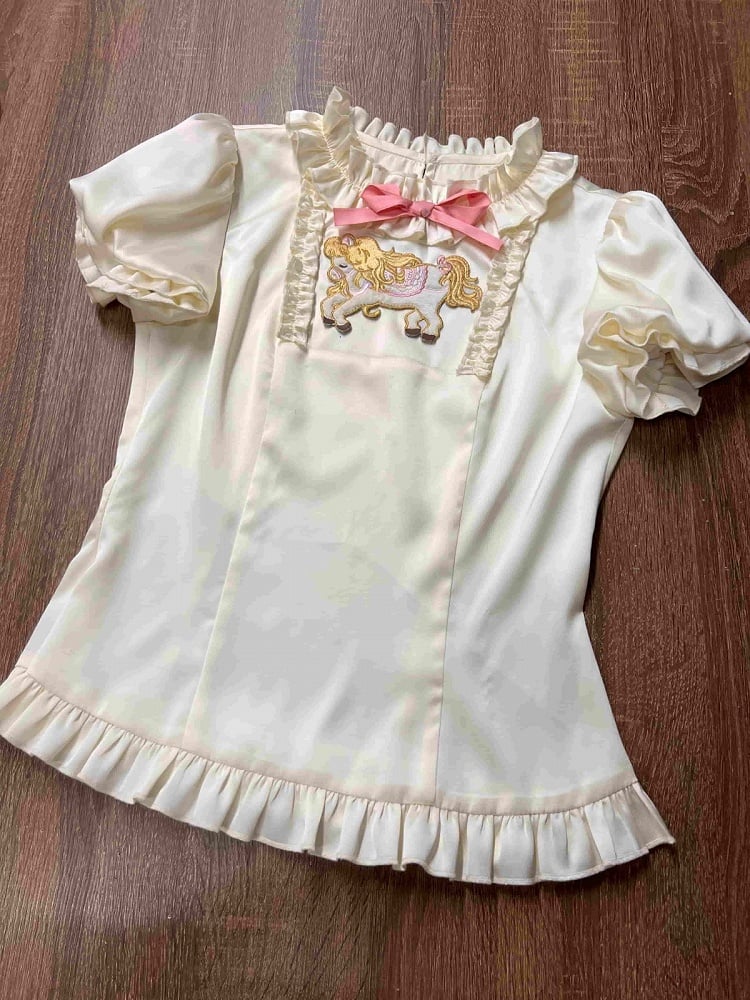 Kawaii Pink 3D Horse Embroidery Short Sleeve Blouse with Bow Layered Ruffle Skirt Set - Sweet Dream Box