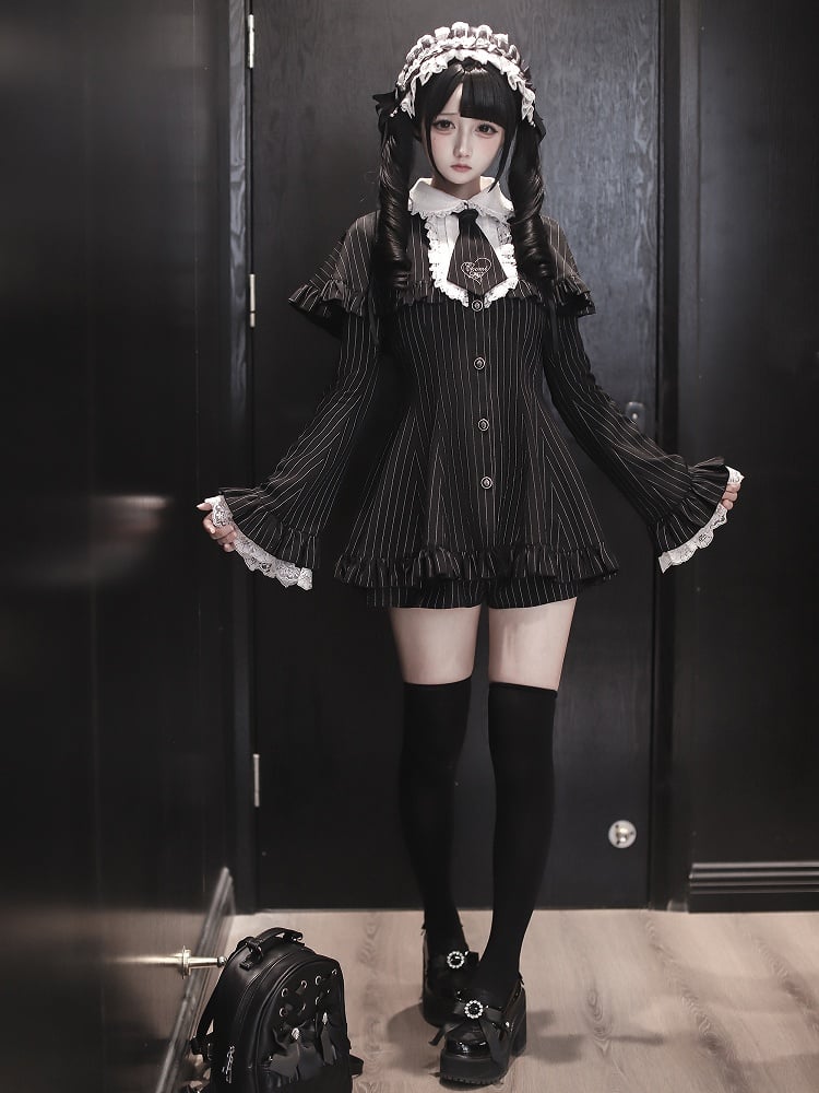 Embroidered Detachable Sleeves Black Bell with Ensemble Tie - Mini Dress Cape Shorts Kei Striped Jirai