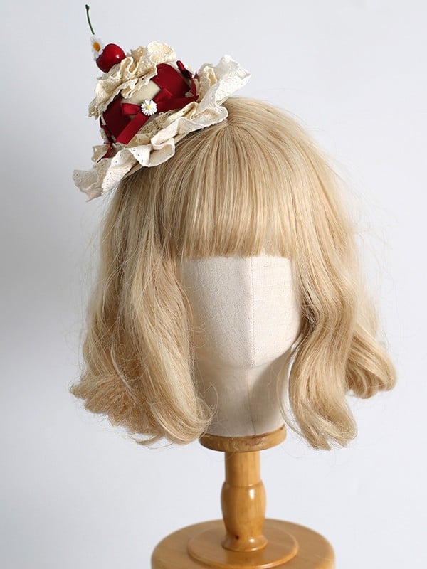 Bowknot Clips with Hat Mini Lolita Design Cherry Daisy Sweet Decorated BeigeRed Details