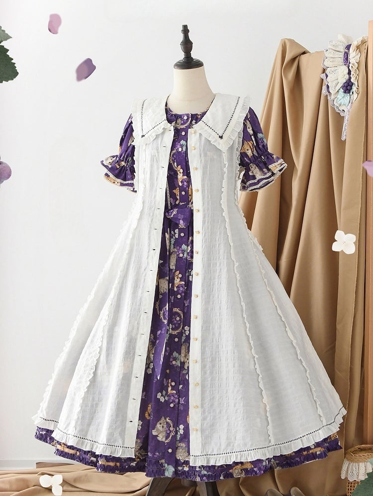 Kurzes, traubenfarbenes Kitty-Ärmel-Print-Kleid in Rosa von Lolita and Piece House Purple Fashion