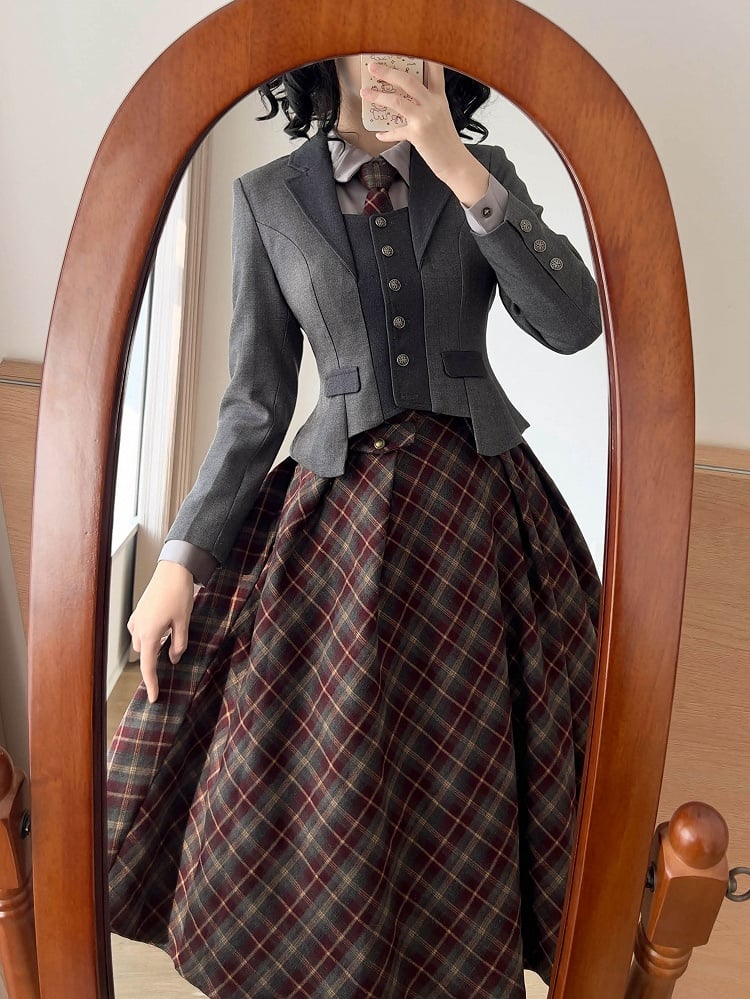 with Buttons Metal Cropped Blazer Autumn/Winter Gray Vintage