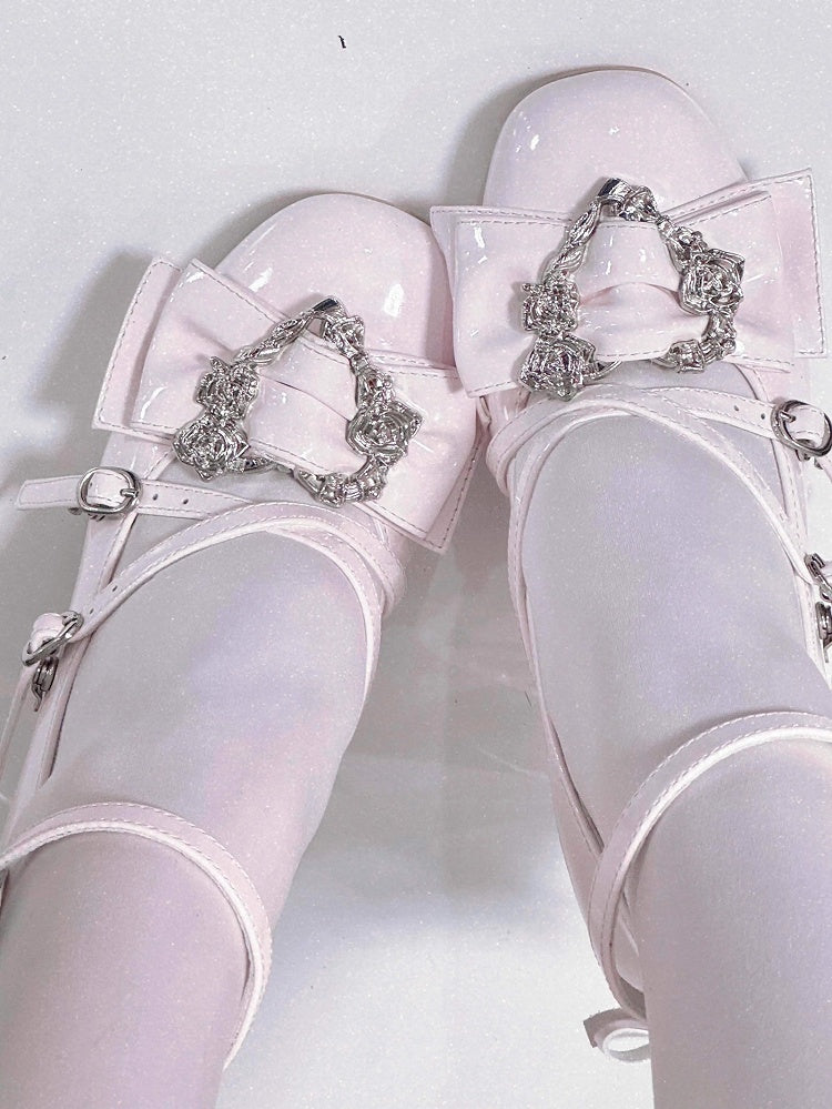 Rose Pink Leather Design with Light PU Block Heels Adorned Heart High Crisscross