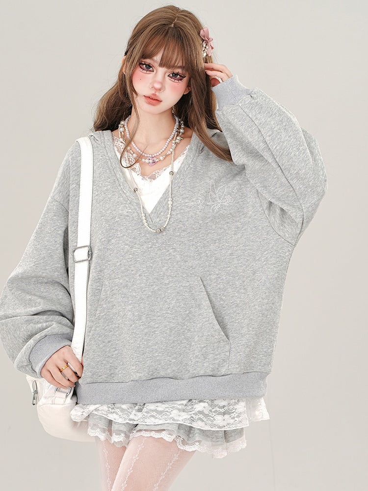 Grey/White Lace Trim V-neck Loose Hoodie Fake Two-piece