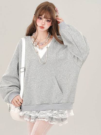Grey/White Lace Trim V-neck Loose Hoodie Fake Two-piece