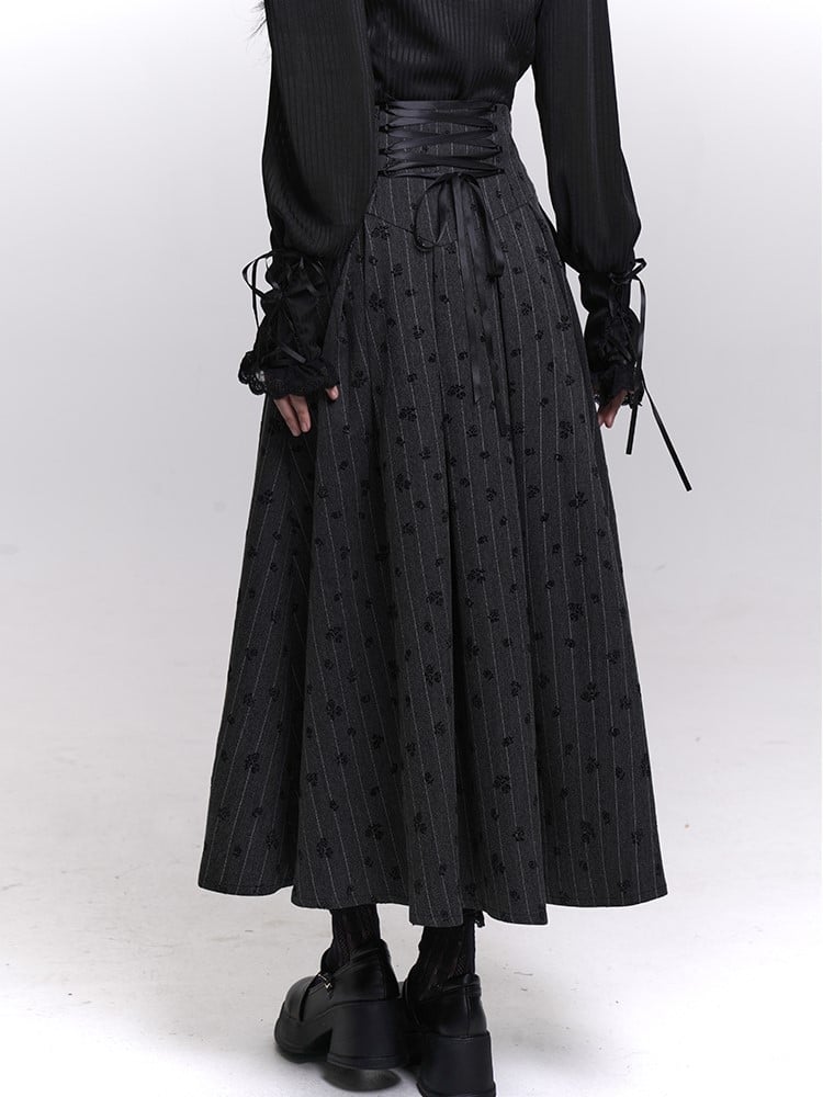 Gothic Dark Gray Striped High Waist Skirt with Lace-Up Back