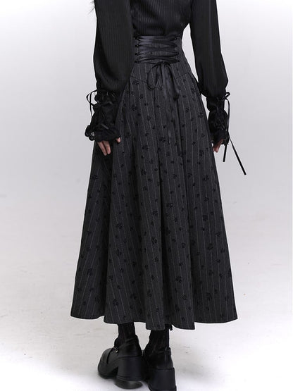 Gothic Dark Gray Striped High Waist Skirt with Lace-Up Back