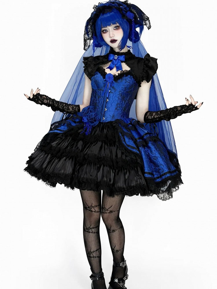 Gothic Lolita Boned Corset Top with Tiered Skirt and Collar in Klein Blue and Black - Somnium Isle