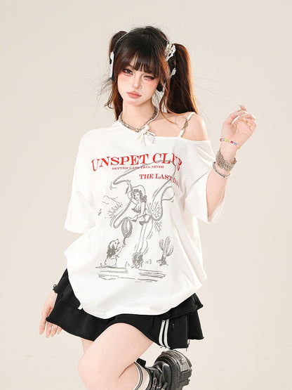 ホワイト アシンメトリーネックライン ルーズグラフィックTシャツ