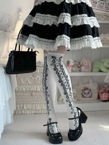 Old School Lolita Overknee-Strümpfe mit Schleife