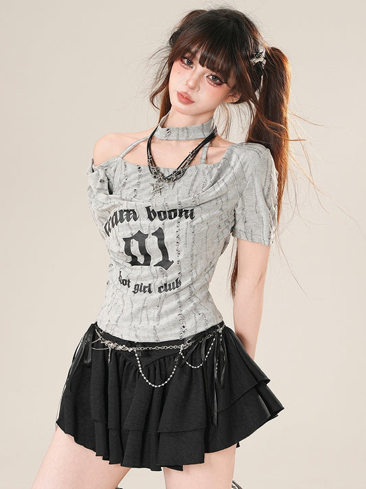 Glamorous Bittersweet Letter T-Shirt Nummer Grau/Schwarz und Aufdruck