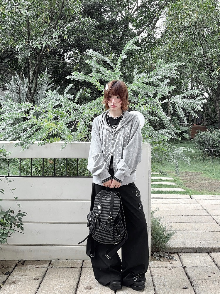 Jacket Dot Raglan Black Gray Bow Polka Hoodie with Decorative / Sleeve