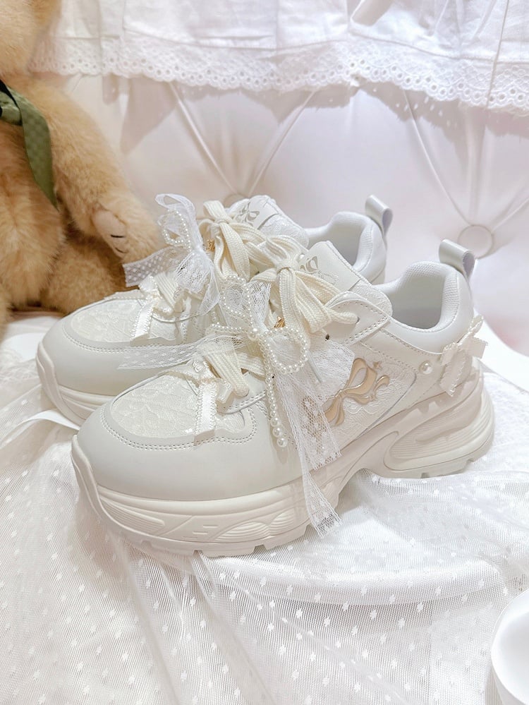 Bowknot Details Lace-up Front Ties White Beaded Decorated Sneakers