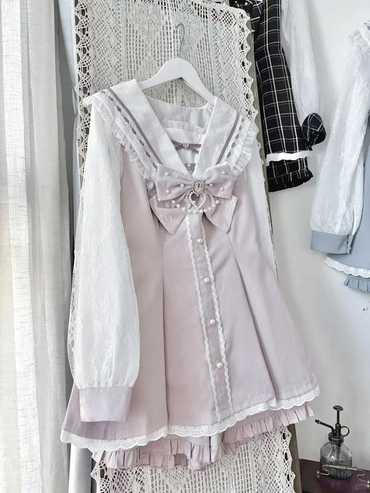 Sailor Pink Long Dress and Shorts Matching - Navycore Collar Kei Jirai Outfit Sleeves