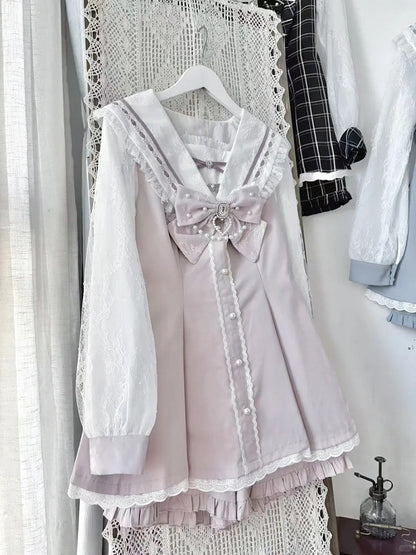 Sailor Pink Long Dress and Shorts Matching - Navycore Collar Kei Jirai Outfit Sleeves