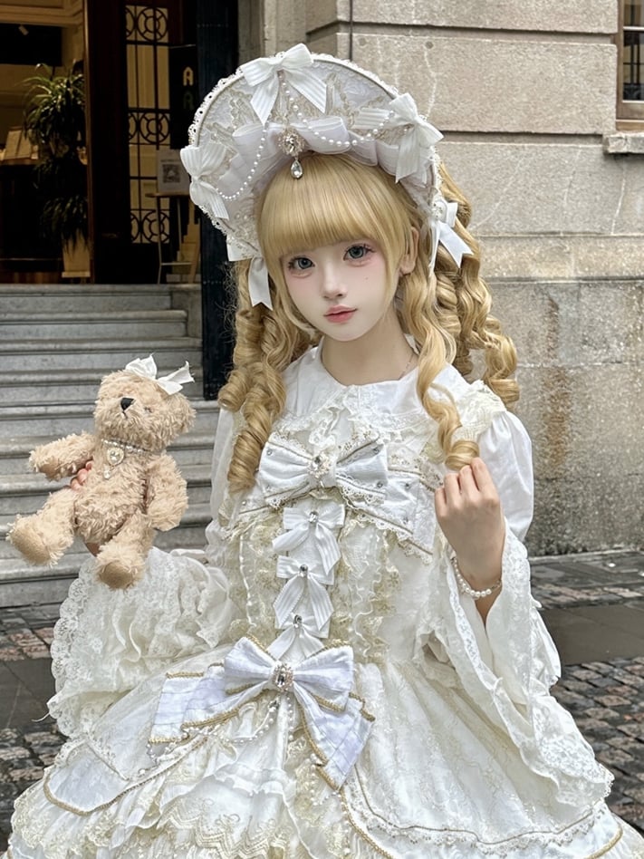 and Bead Dark Details White Lolita / Black Bow Blue Red Bonnet Pink