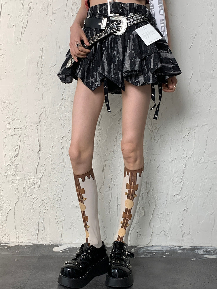 Cookie Print Y2K Bowknot And WhiteBrown Underknee Bittersweet Stockings