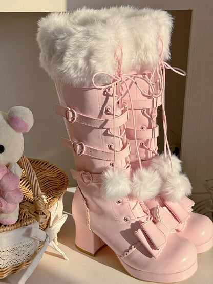 Multi-Closure Boots Pompom PU Plush Laces Sakura - System with Pink Collar Elegant Lolita Knee-High
