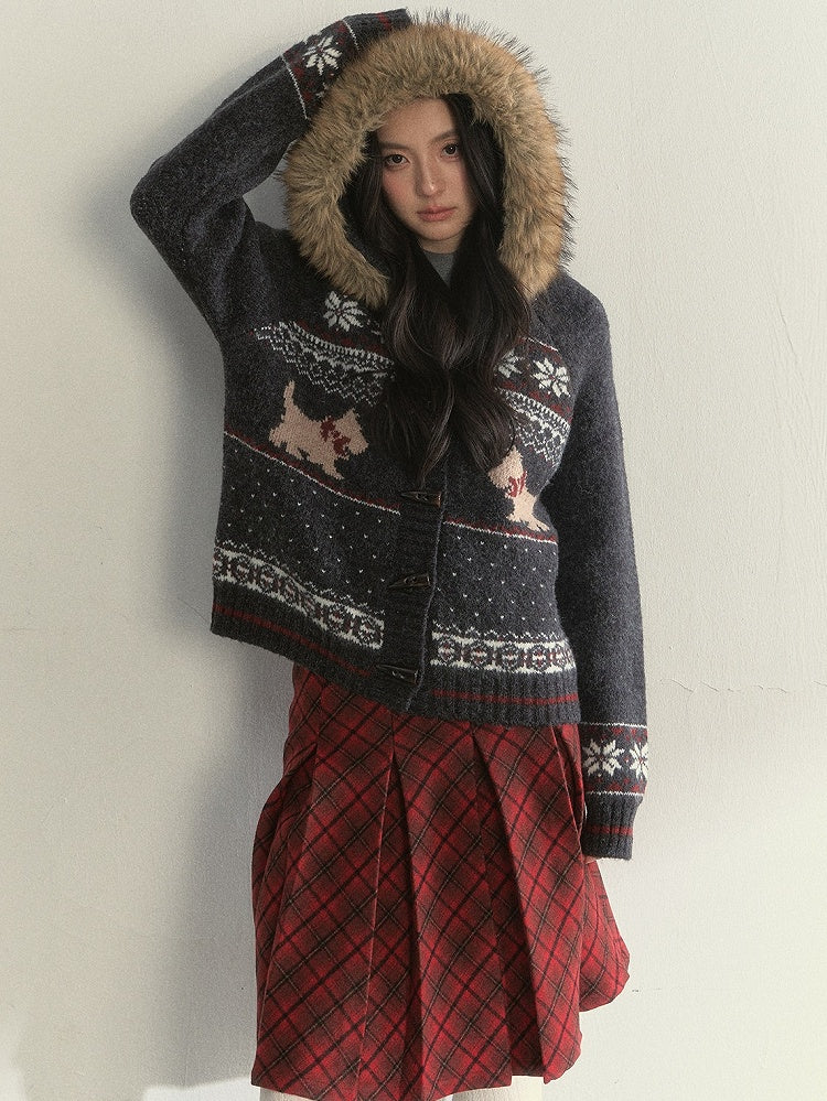 Collar Knit Sweater Button Vintage with Grey Fur Toggle