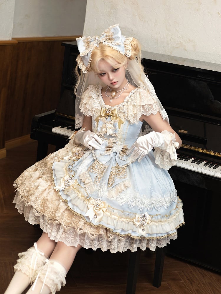 Jumper Blue Princess Bow Full and Skirt Accents Lolita Bead Jacquard Dress Set