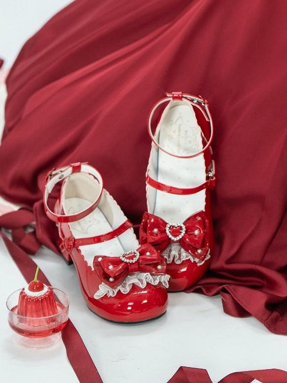 Janes with Elegant Lace Mid-heel Lolita Trim Red Mary
