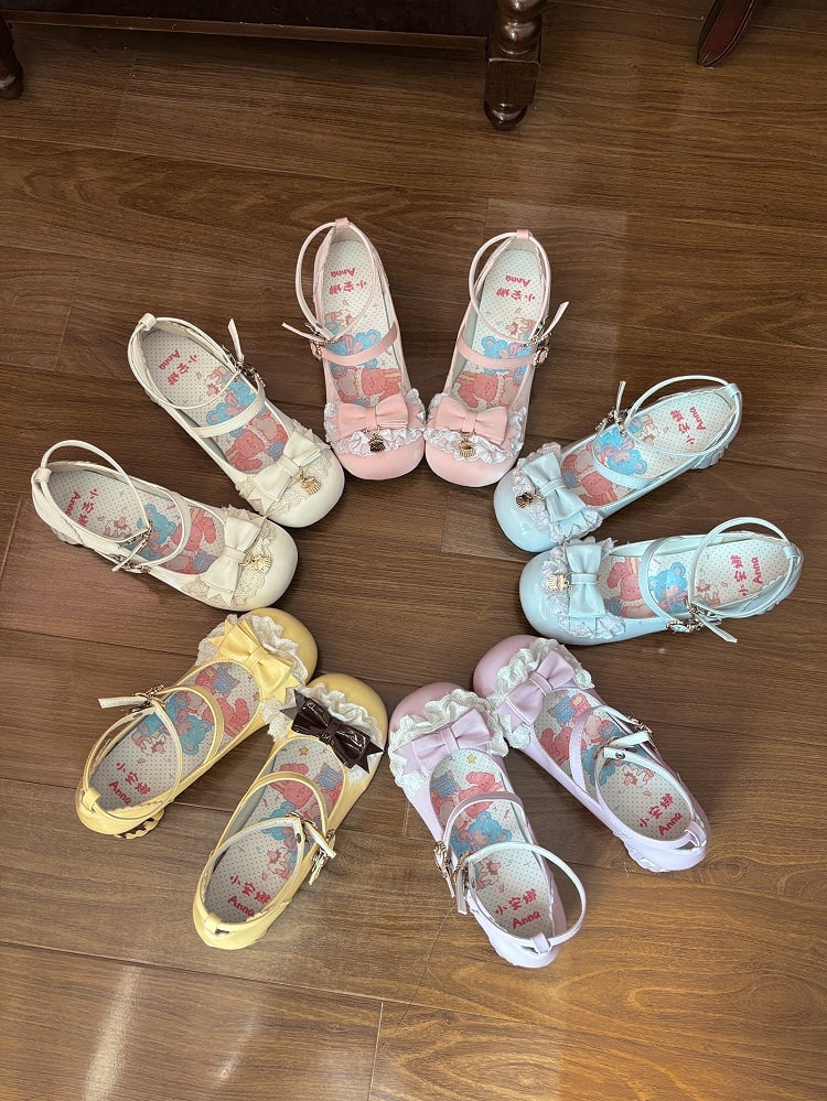 Bow Round Cute - Pumps Lolita Toe Mid-heel Pudding Decor Jane Heel Mary with Shoes Blue Shape Sweet