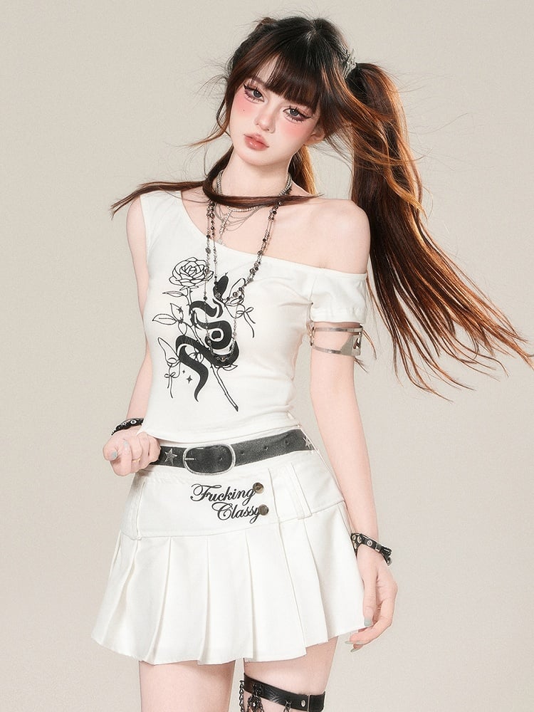 Weiß/Schwarzes T-Shirt Glamouröser asymmetrischer Print Rosette Bittersüßer Ausschnitt