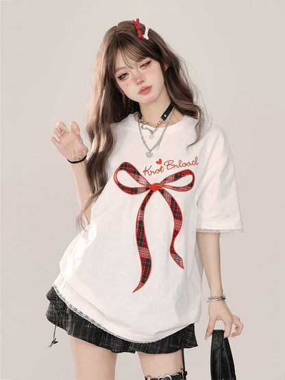 Embroidery Plaid White Oversized Lace Bow Details and T-shirt:
