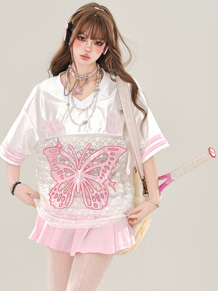 Rosa/Schwarzes sportliches T-Shirt mit Schmetterlingsapplikation und Spitze im Patchwork-Stil