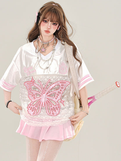 Rosa/Schwarzes sportliches T-Shirt mit Schmetterlingsapplikation und Spitze im Patchwork-Stil