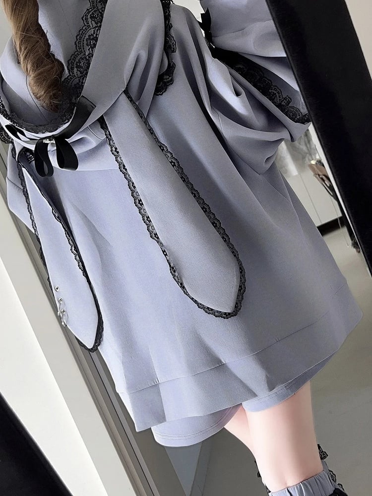 Kei Hoodie with Purple Bow Ear Jirai Tie Bunny Zip Lace