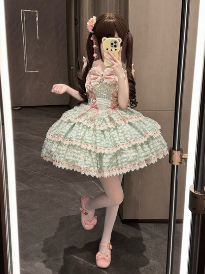 JSK Details with Lace-up Lolita Dress Bow Accent Green Chain Bead