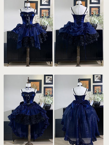 Dress Boned Bouquet Strapless Hem Black Gothic Rose Lolita with Blue