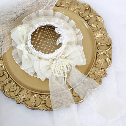 Bowknot Lolita Veil Beige Mini + Beautiful Hat Lace Hollow-out