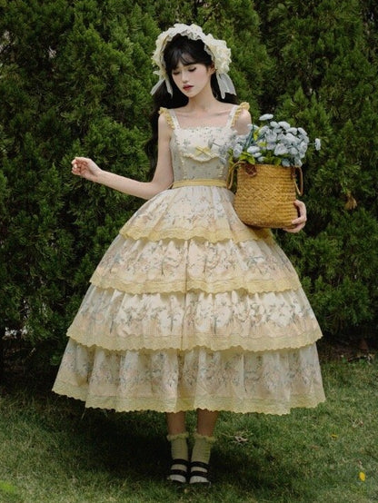 Lily Cherry Tiered Floral Dress Lolita Skirt Jumper Yellow and Classic Print