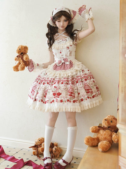 Teddy Lolita White Print Cherry Dress Sweet and Gingham Red