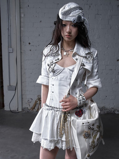 Metal White and Buttons Studs with Open Placket Navycore Top Pointed Flat Collar 