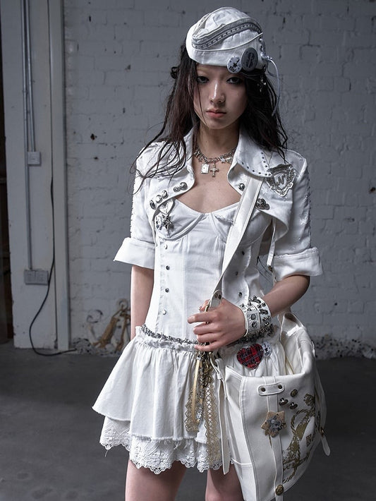 Metal White and Buttons Studs with Open Placket Navycore Top Pointed Flat Collar 