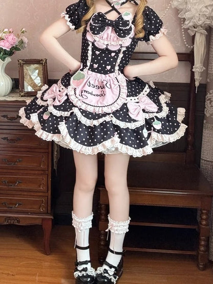Details Bunny + Sweet OP Hairband Bow Polka Pink Strawberry Lace and Dot with Full Choker Set Lolita Dress Ear Bonnet Themed Black