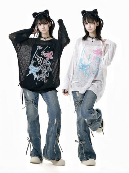 Jeans mit Schleifenakzenten, Schlaghose, Blau, verblasste Waschung, Distressed-Löcher, leicht