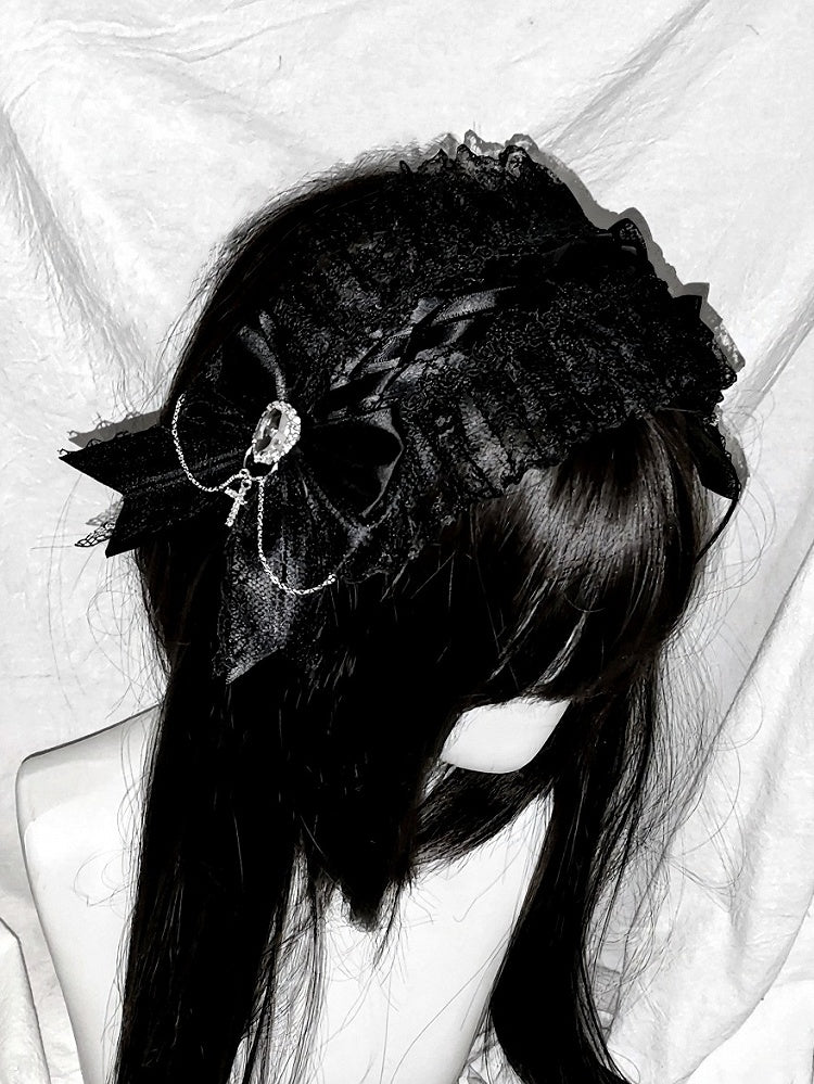 Black Bow Lace Hairband Cross Rhinestone