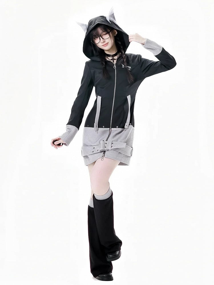 Colorblock Design 45CM Gray Knitted Leg Warmers and Black