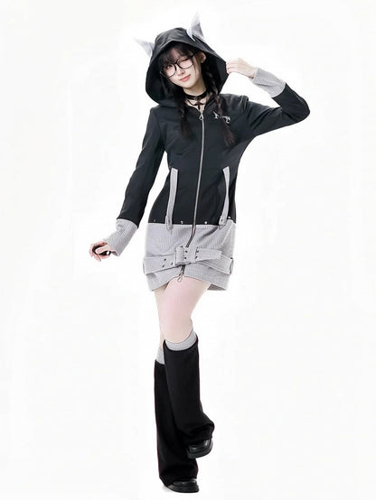 Colorblock Design 45CM Gray Knitted Leg Warmers and Black